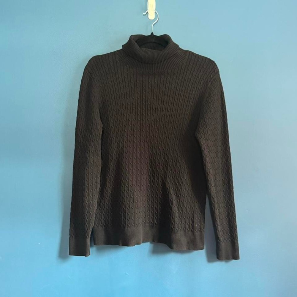 Lands End Black‎ Turtleneck Women's Size Large 100% Supima Cotton Cable Knit